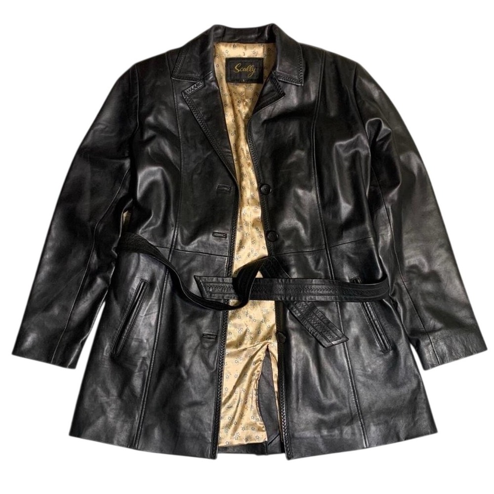 Vintage Scully Black Leather Belted Overcoat Mid-Length Women's Coat
